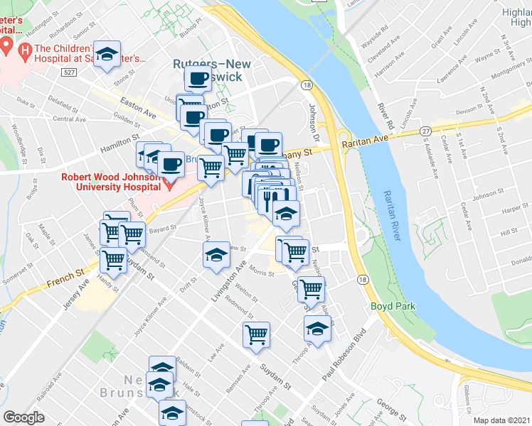 map of restaurants, bars, coffee shops, grocery stores, and more near 46 Bayard Street in New Brunswick