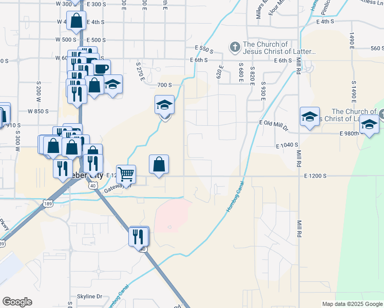 map of restaurants, bars, coffee shops, grocery stores, and more near 1063 South 5th East in Heber City