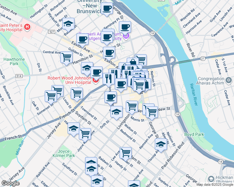 map of restaurants, bars, coffee shops, grocery stores, and more near 51 Kirkpatrick Street in New Brunswick