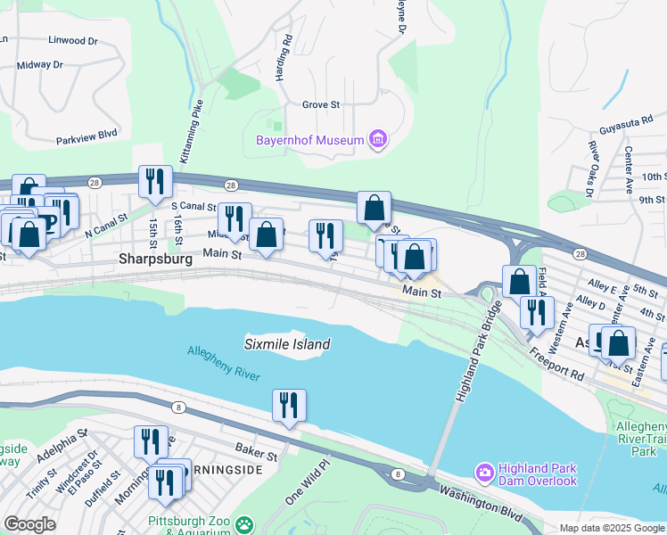 map of restaurants, bars, coffee shops, grocery stores, and more near 1875 Main Street in Sharpsburg