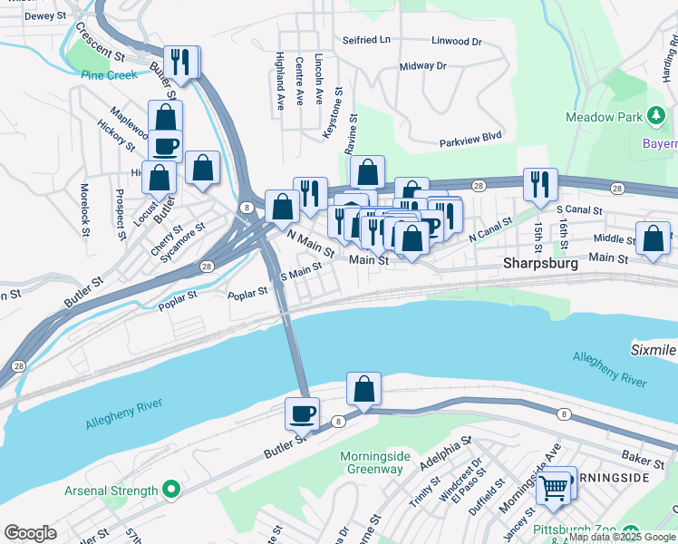 map of restaurants, bars, coffee shops, grocery stores, and more near 409 Pilgrim Way in Pittsburgh