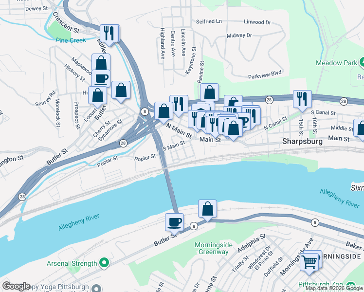 map of restaurants, bars, coffee shops, grocery stores, and more near 409 Pilgrim Way in Pittsburgh