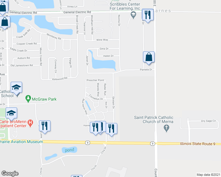map of restaurants, bars, coffee shops, grocery stores, and more near 1113 Rader Run in Bloomington