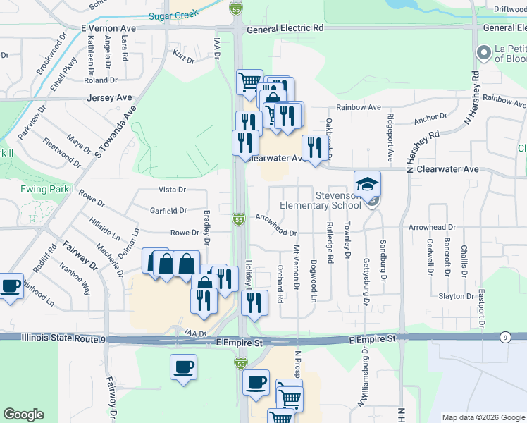 map of restaurants, bars, coffee shops, grocery stores, and more near 1302 Pinehurst Drive in Bloomington