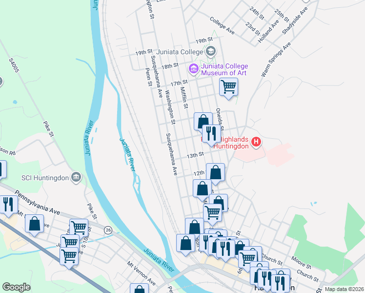 map of restaurants, bars, coffee shops, grocery stores, and more near 1306 Mifflin Street in Huntingdon