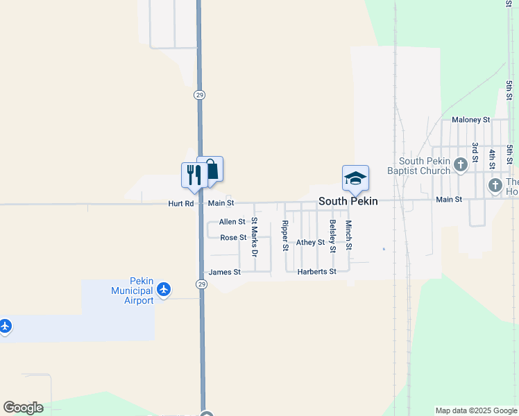 map of restaurants, bars, coffee shops, grocery stores, and more near 100 Saint Marks Drive in South Pekin