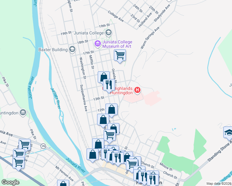 map of restaurants, bars, coffee shops, grocery stores, and more near 550-598 13th Street in Huntingdon