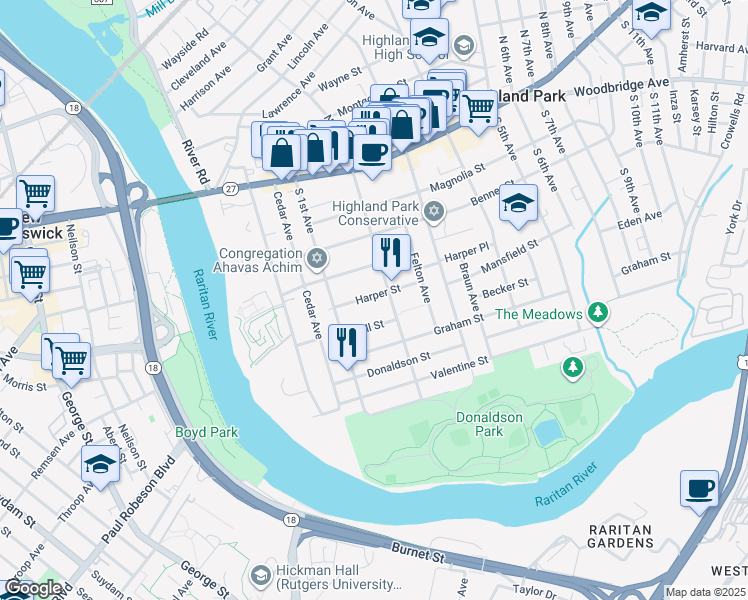 map of restaurants, bars, coffee shops, grocery stores, and more near 134 Harper Street in Highland Park