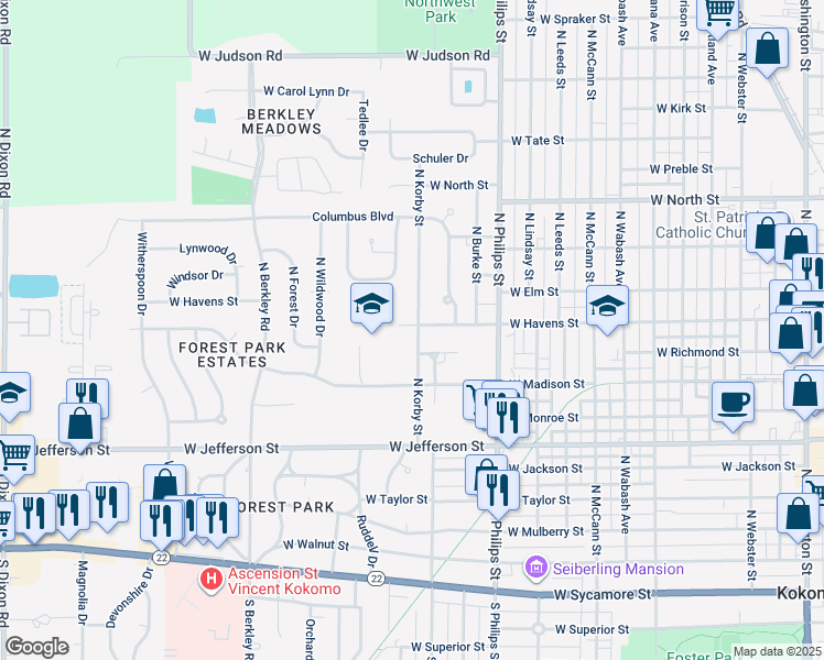 map of restaurants, bars, coffee shops, grocery stores, and more near 923 North Korby Street in Kokomo