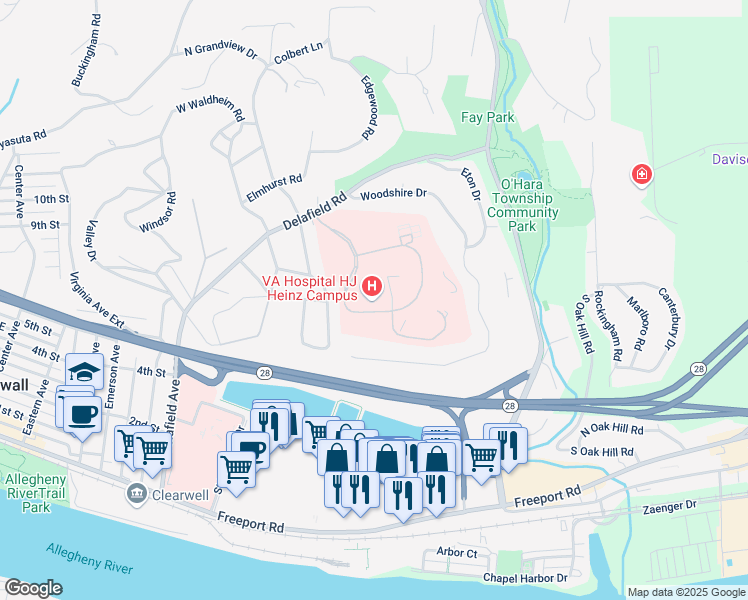 map of restaurants, bars, coffee shops, grocery stores, and more near 1010 Delafield Road in Pittsburgh