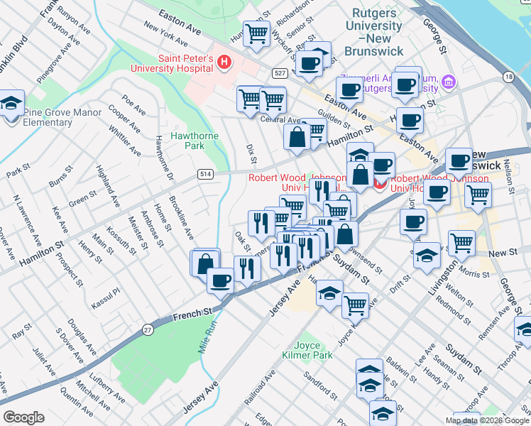 map of restaurants, bars, coffee shops, grocery stores, and more near 23 Freeman Street in New Brunswick