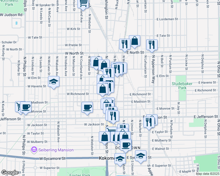 map of restaurants, bars, coffee shops, grocery stores, and more near 916 North Washington Street in Kokomo