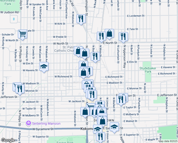map of restaurants, bars, coffee shops, grocery stores, and more near 918 North Washington Street in Kokomo