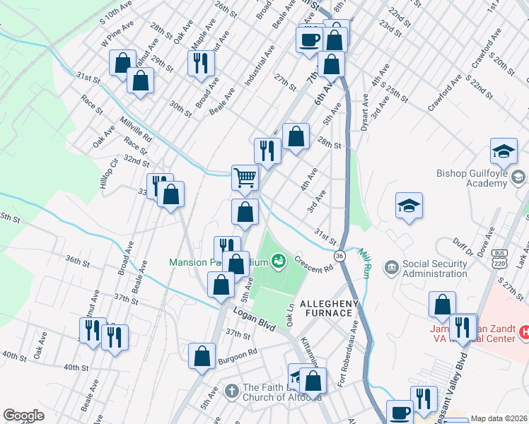 map of restaurants, bars, coffee shops, grocery stores, and more near 500 32nd Street in Altoona