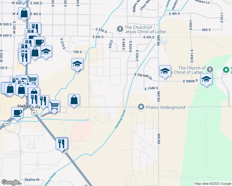 map of restaurants, bars, coffee shops, grocery stores, and more near 1128 South 820 East in Heber City