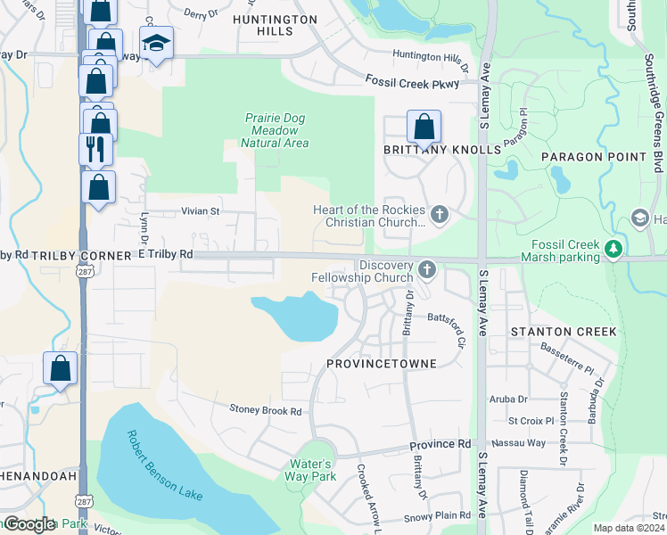 map of restaurants, bars, coffee shops, grocery stores, and more near 6615 Desert Willow Way in Fort Collins
