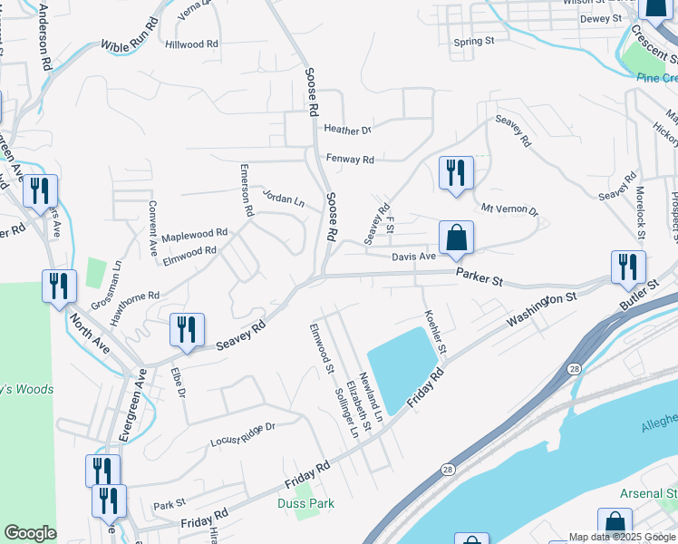map of restaurants, bars, coffee shops, grocery stores, and more near 425 Parker Street in Pittsburgh