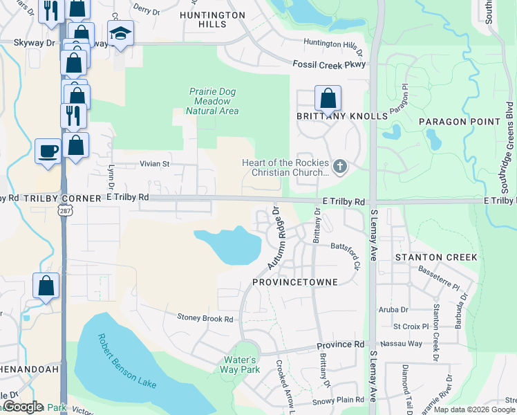 map of restaurants, bars, coffee shops, grocery stores, and more near 6615 Desert Willow Way in Fort Collins