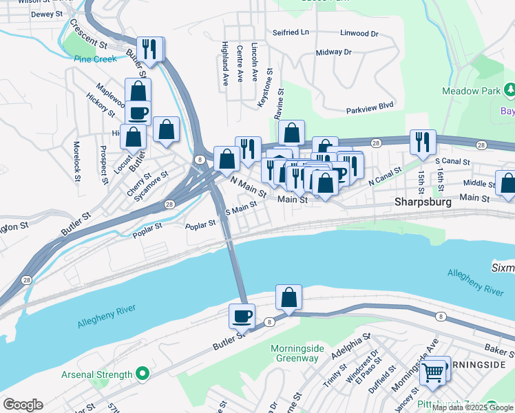 map of restaurants, bars, coffee shops, grocery stores, and more near 409 Pilgrim Way in Pittsburgh