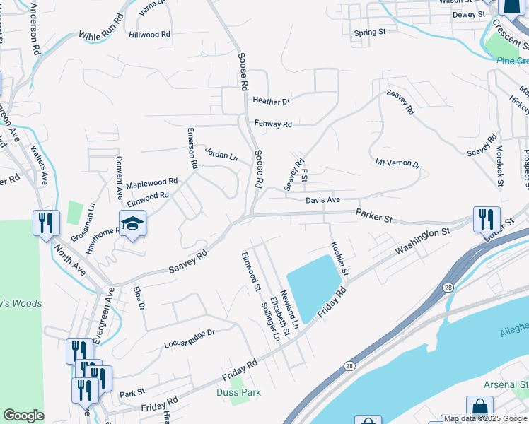 map of restaurants, bars, coffee shops, grocery stores, and more near 425 Parker Street in Pittsburgh