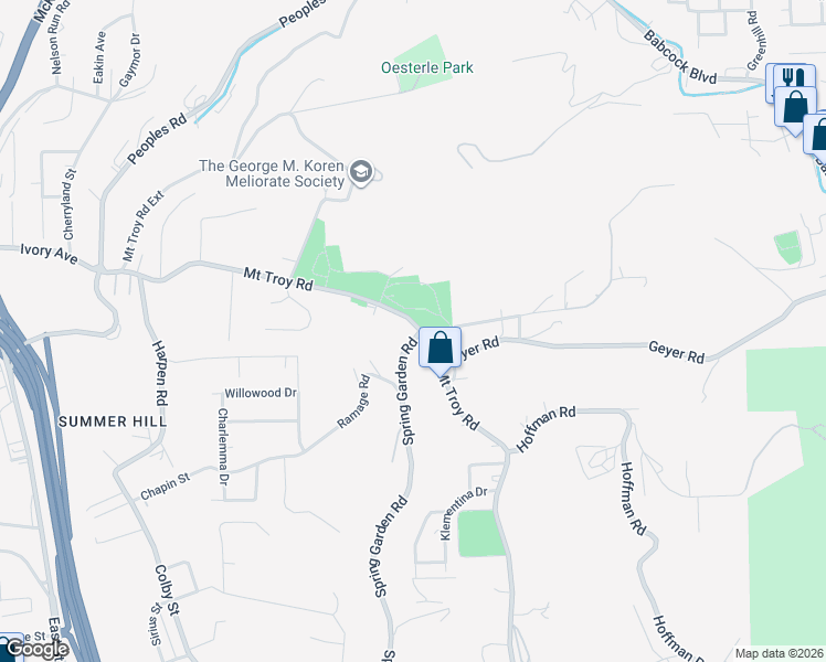 map of restaurants, bars, coffee shops, grocery stores, and more near 3907 Mount Troy Road in Pittsburgh