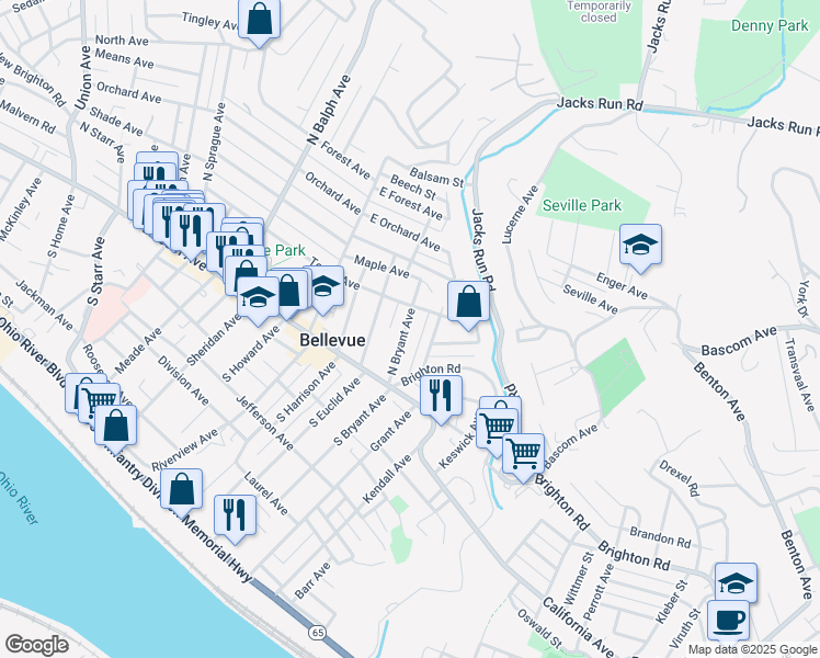 map of restaurants, bars, coffee shops, grocery stores, and more near 45 North Bryant Avenue in Bellevue