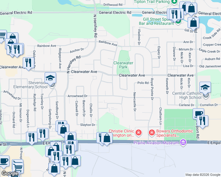 map of restaurants, bars, coffee shops, grocery stores, and more near 1304 Mill Creek Road in Bloomington