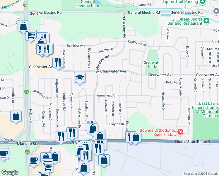 map of restaurants, bars, coffee shops, grocery stores, and more near 1307 Cadwell Drive in Bloomington