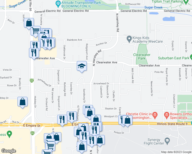 map of restaurants, bars, coffee shops, grocery stores, and more near 1301 North Hershey Road in Bloomington