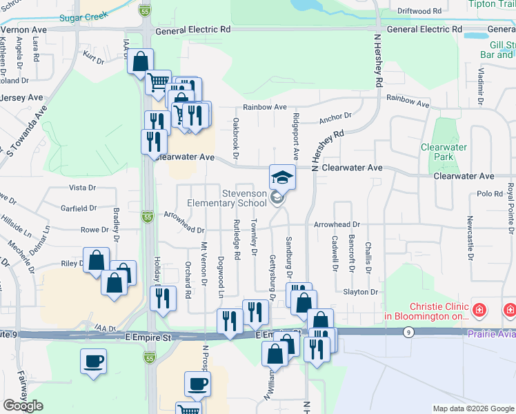 map of restaurants, bars, coffee shops, grocery stores, and more near 2106 Arrowhead Drive in Bloomington