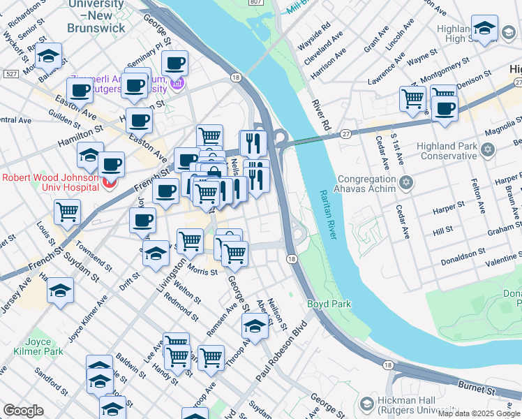 map of restaurants, bars, coffee shops, grocery stores, and more near 5 Dennis Street in New Brunswick