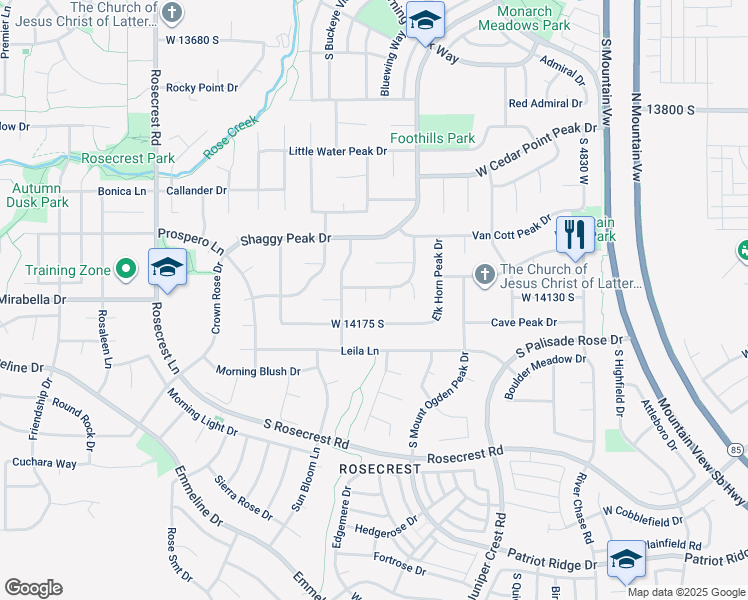map of restaurants, bars, coffee shops, grocery stores, and more near 14133 Lowe Peak Circle in Riverton