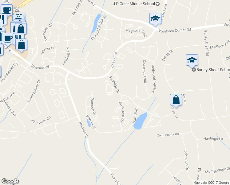 map of restaurants, bars, coffee shops, grocery stores, and more near 281 Spruce Court in Flemington