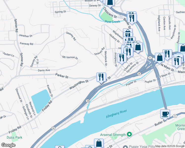 map of restaurants, bars, coffee shops, grocery stores, and more near 70 Parker Street in Pittsburgh