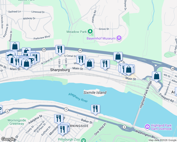 map of restaurants, bars, coffee shops, grocery stores, and more near 1801 Main Street in Pittsburgh