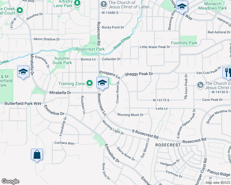 map of restaurants, bars, coffee shops, grocery stores, and more near 14138 Crown Rose Drive in Herriman