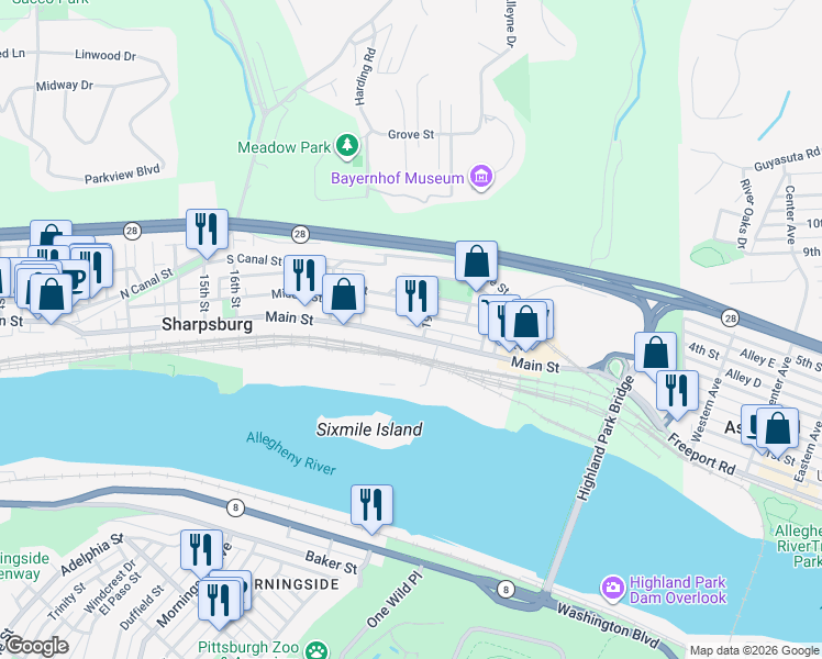 map of restaurants, bars, coffee shops, grocery stores, and more near 1870 Main Street in Pittsburgh