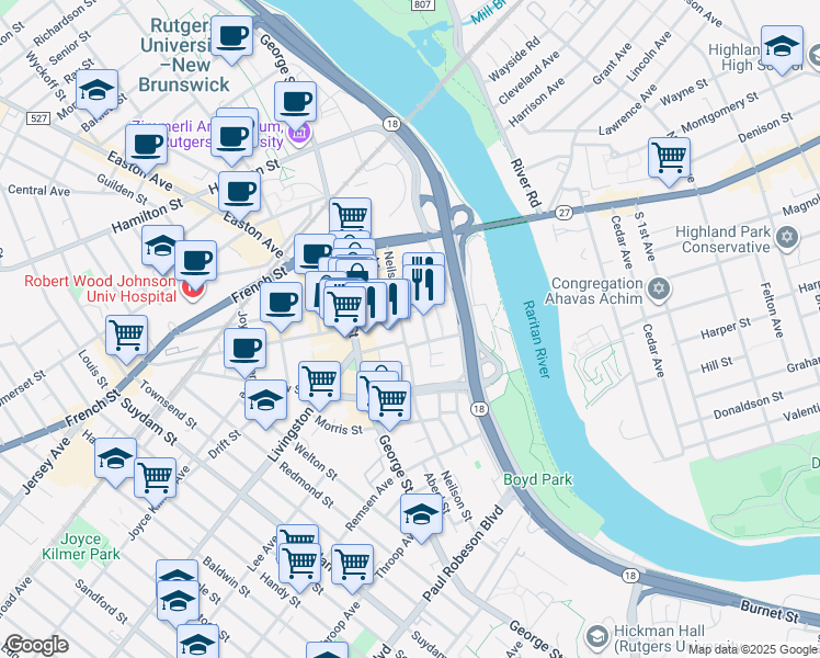map of restaurants, bars, coffee shops, grocery stores, and more near 145 Neilson Street in New Brunswick