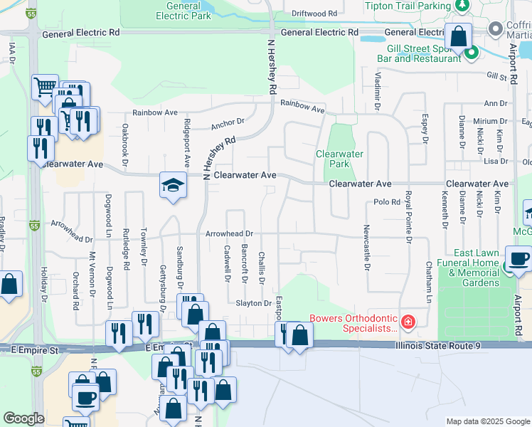 map of restaurants, bars, coffee shops, grocery stores, and more near 1308 Challis Drive in Bloomington