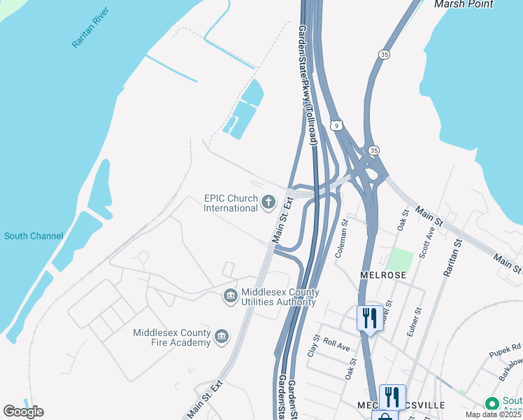 map of restaurants, bars, coffee shops, grocery stores, and more near 2707 Main Street Extension in Sayreville