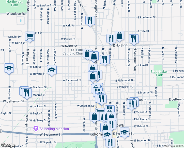 map of restaurants, bars, coffee shops, grocery stores, and more near 315 West Havens Street in Kokomo