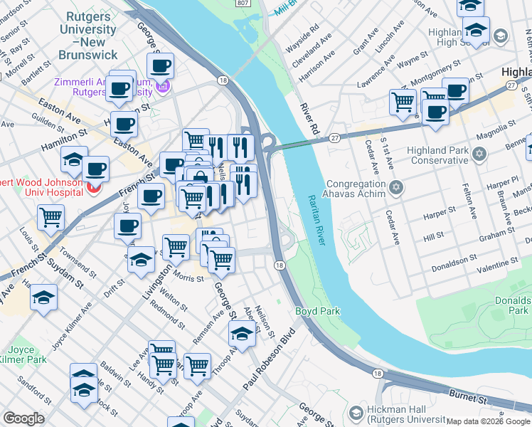 map of restaurants, bars, coffee shops, grocery stores, and more near 1829 New Jersey 18 Service Road in New Brunswick