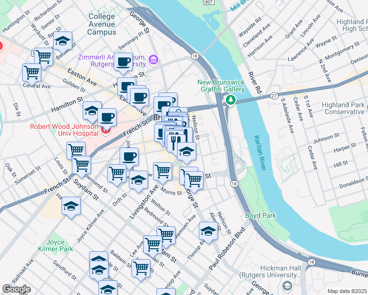 map of restaurants, bars, coffee shops, grocery stores, and more near in New Brunswick