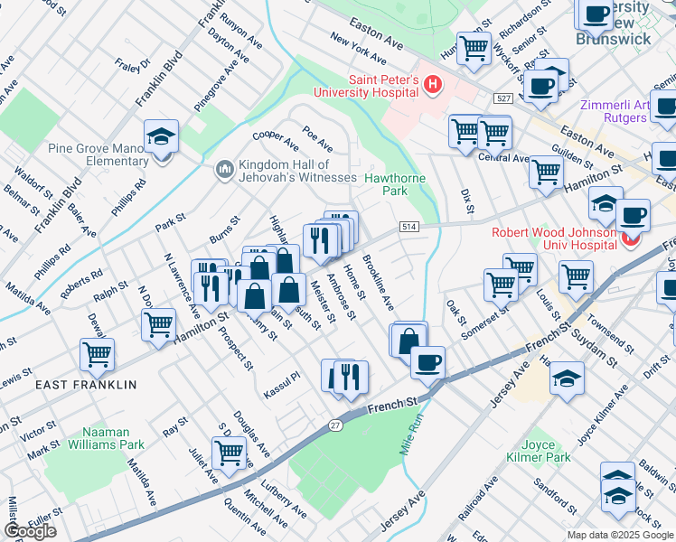 map of restaurants, bars, coffee shops, grocery stores, and more near 128 Ambrose Street in Franklin Township