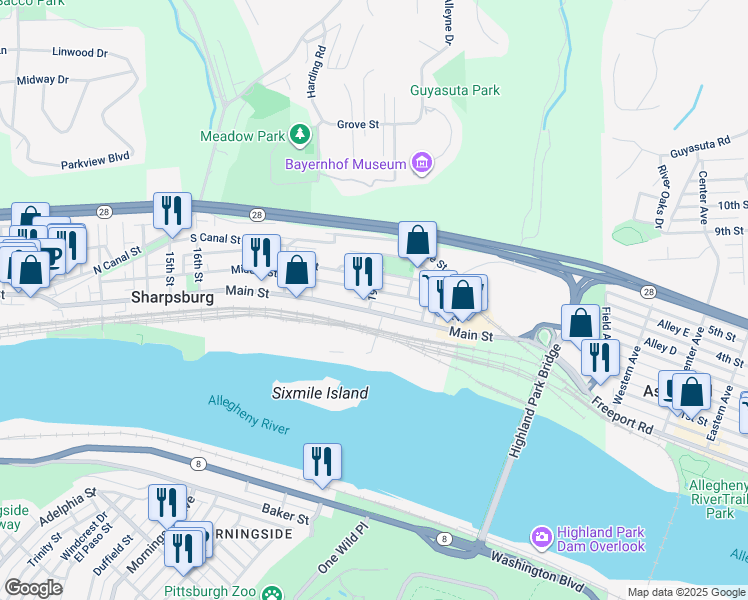 map of restaurants, bars, coffee shops, grocery stores, and more near 1875 Main Street in Sharpsburg