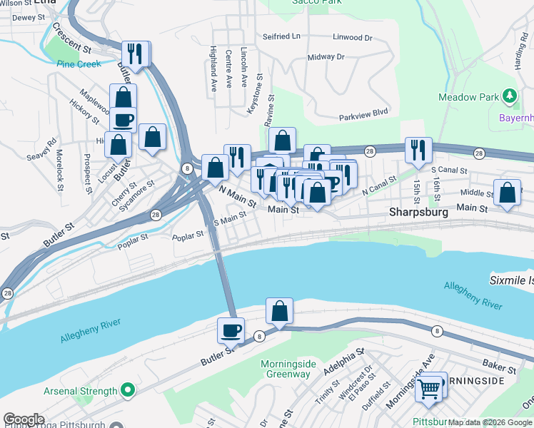 map of restaurants, bars, coffee shops, grocery stores, and more near 17 7th Street in Pittsburgh