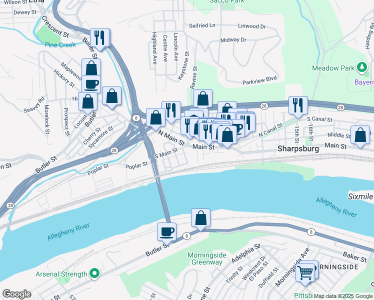 map of restaurants, bars, coffee shops, grocery stores, and more near 409 Pilgrim Way in Pittsburgh