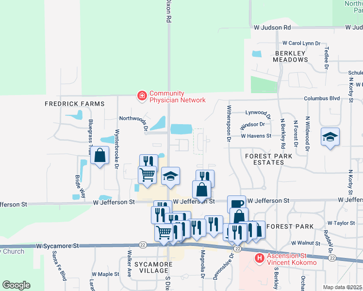 map of restaurants, bars, coffee shops, grocery stores, and more near 800 North Dixon Road in Kokomo