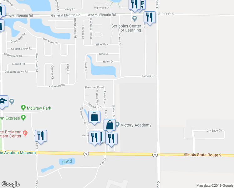 map of restaurants, bars, coffee shops, grocery stores, and more near 1105 Ekstam Drive in Bloomington