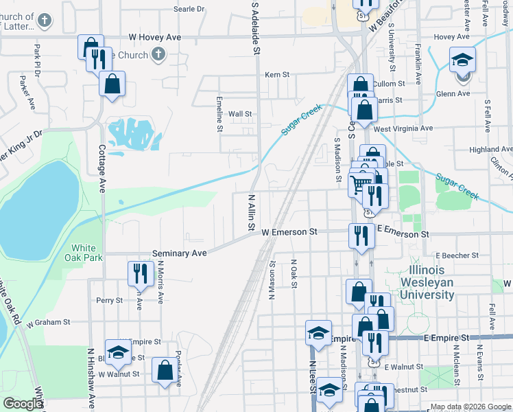 map of restaurants, bars, coffee shops, grocery stores, and more near 1318 North Mason Street in Bloomington
